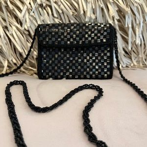 HEAVILY BEADED Small Black Evening bag Crossbody Shoulder Bag Clutch Rectangle